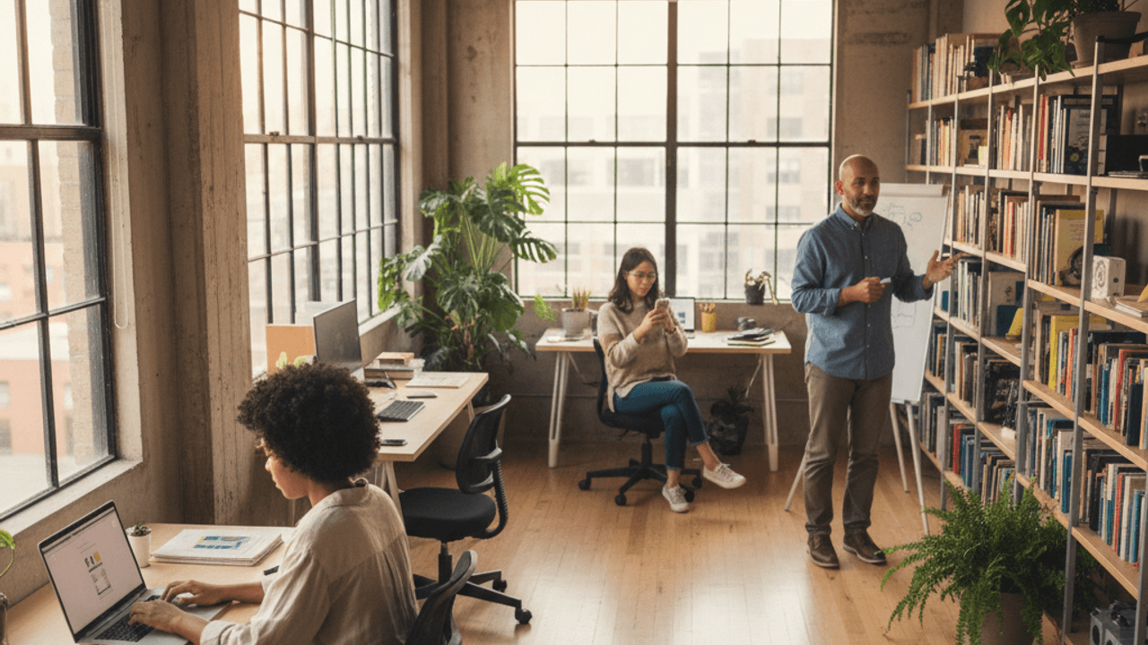 A wide view of a calm modern engineering studio with a small team at work