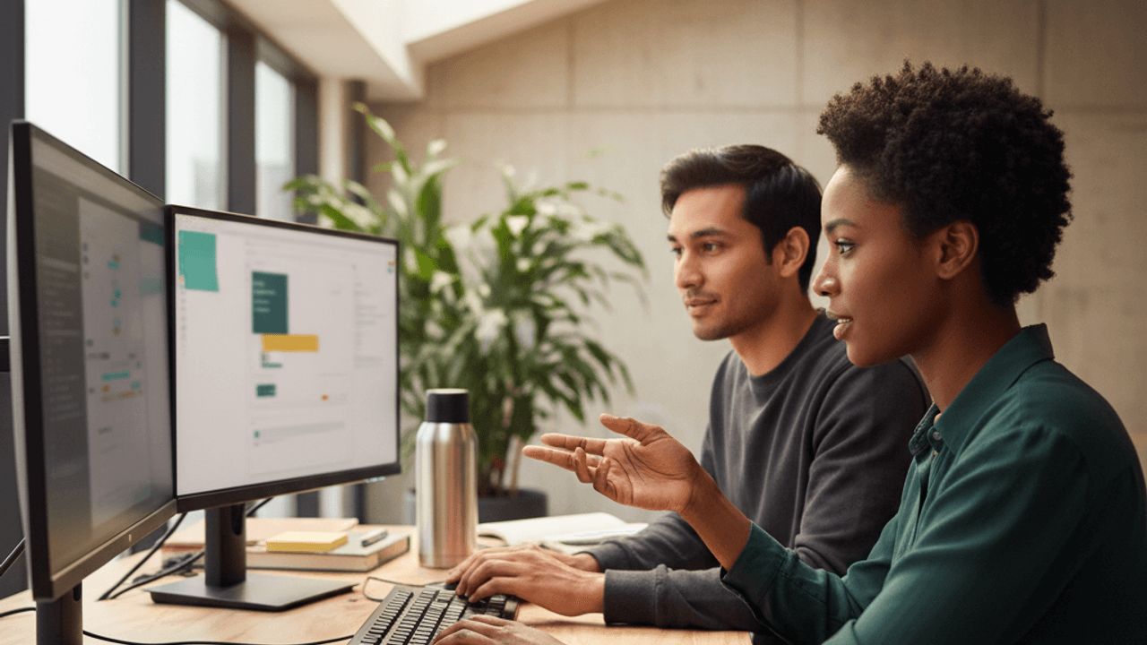 Two engineers actively building software at a dual-monitor desk