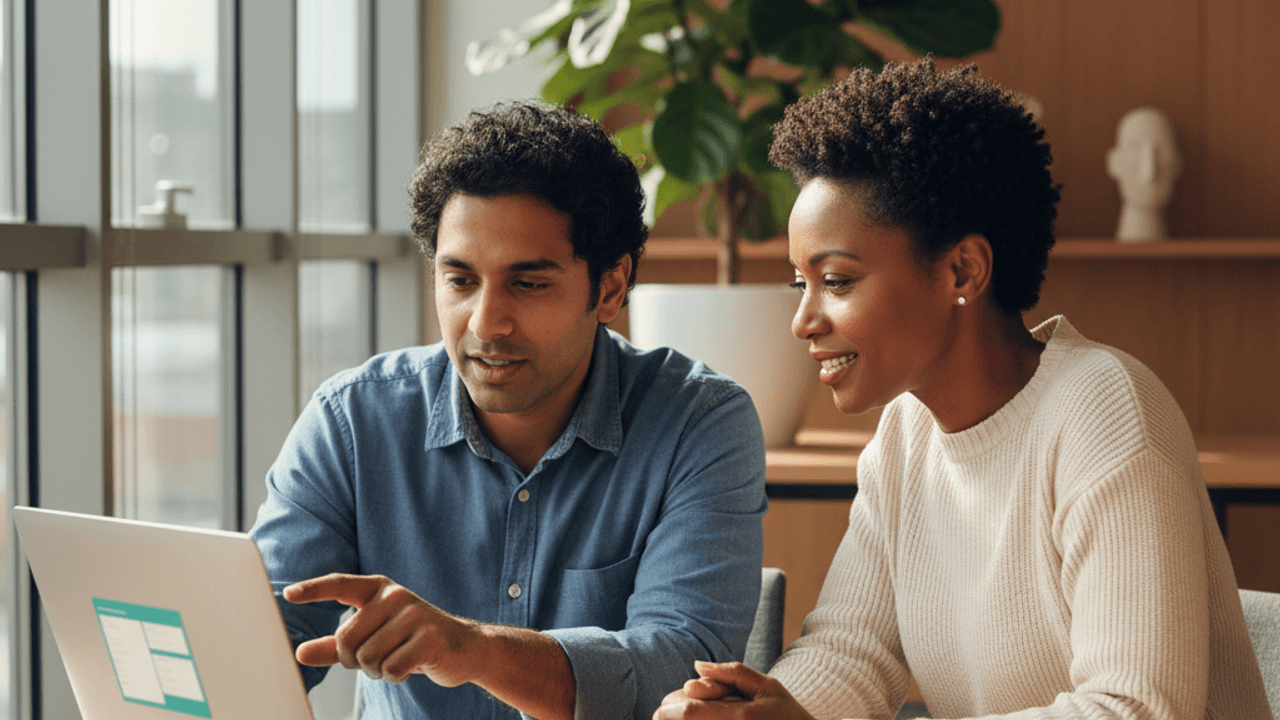 An engineer and a founder mid-conversation over a laptop at a desk