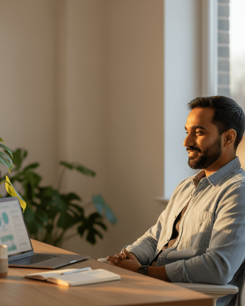 A founder smiling at their laptop in a sunlit modern home office