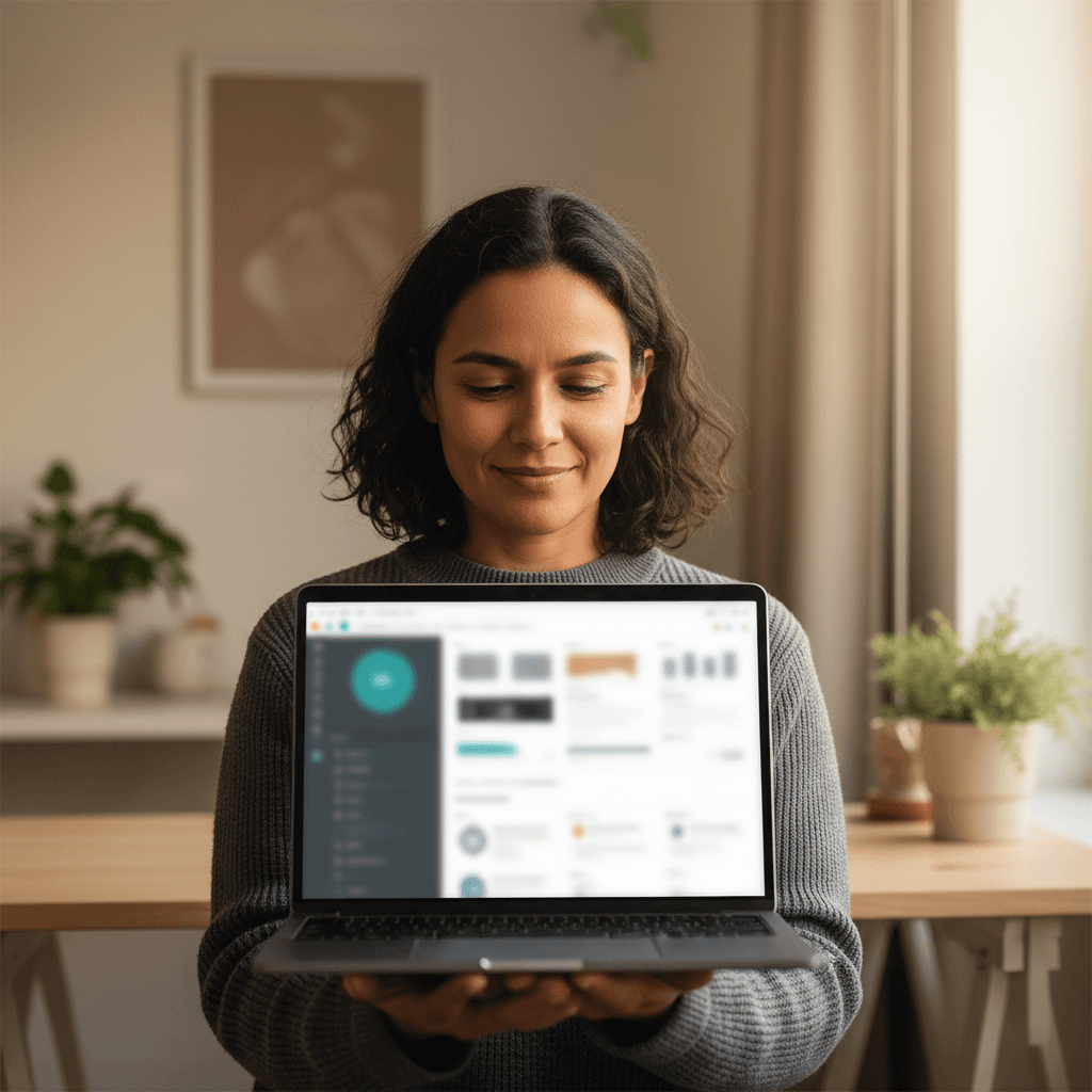 A founder calmly holding their laptop, looking at a completed product