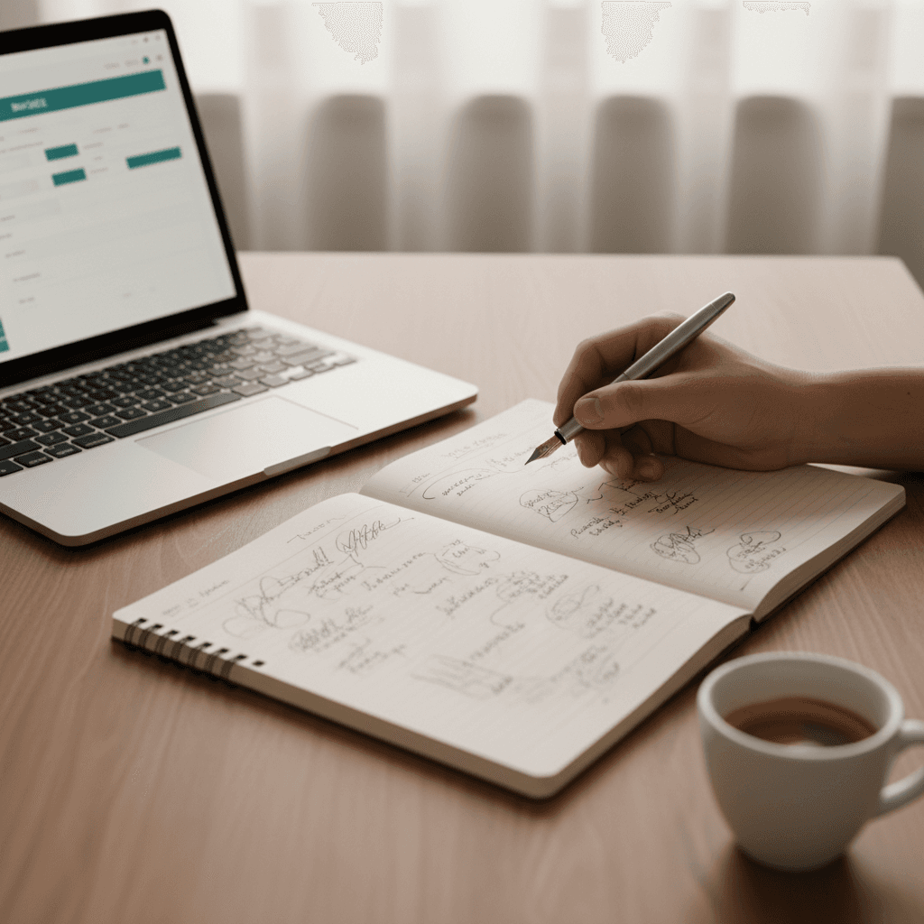 An overhead still-life of a notebook, pen, and laptop showing a structured plan