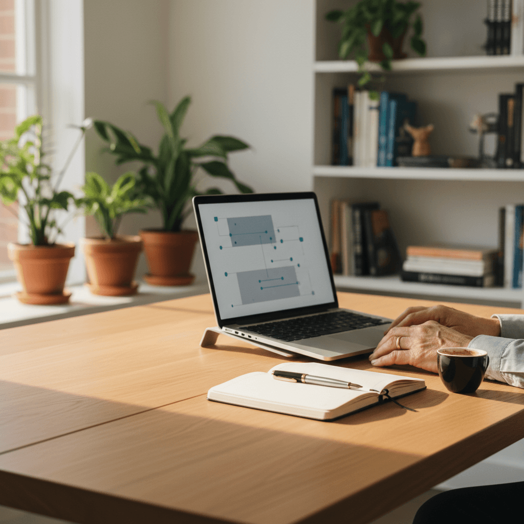A senior engineer working with quiet focus at a clean desk